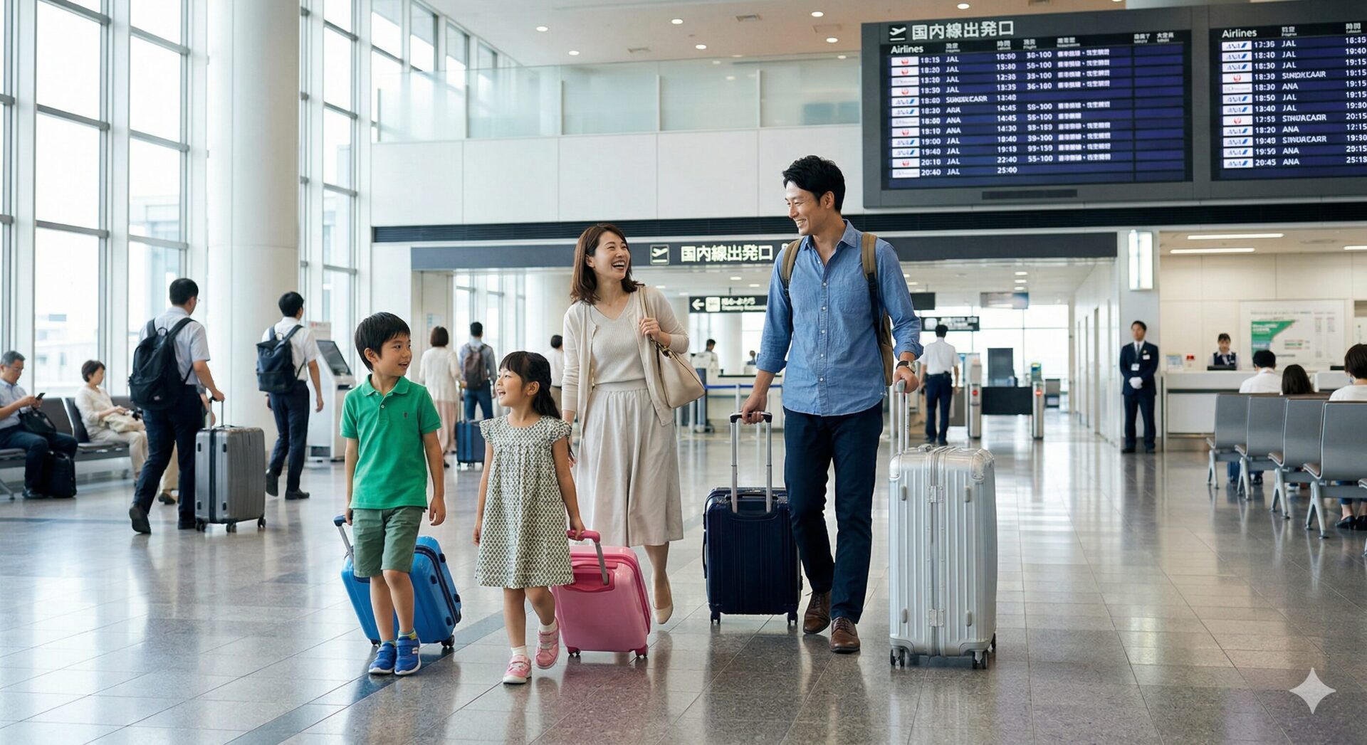 空港で出発を楽しむ家族連れ