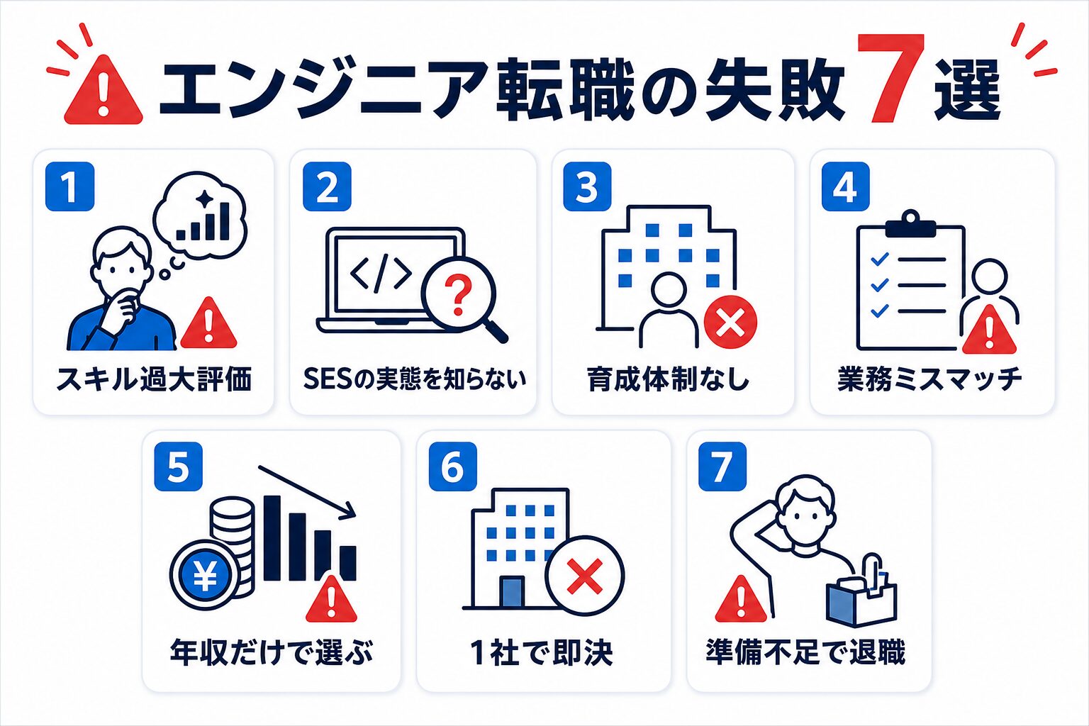 エンジニア転職でよくある失敗7パターンの図解