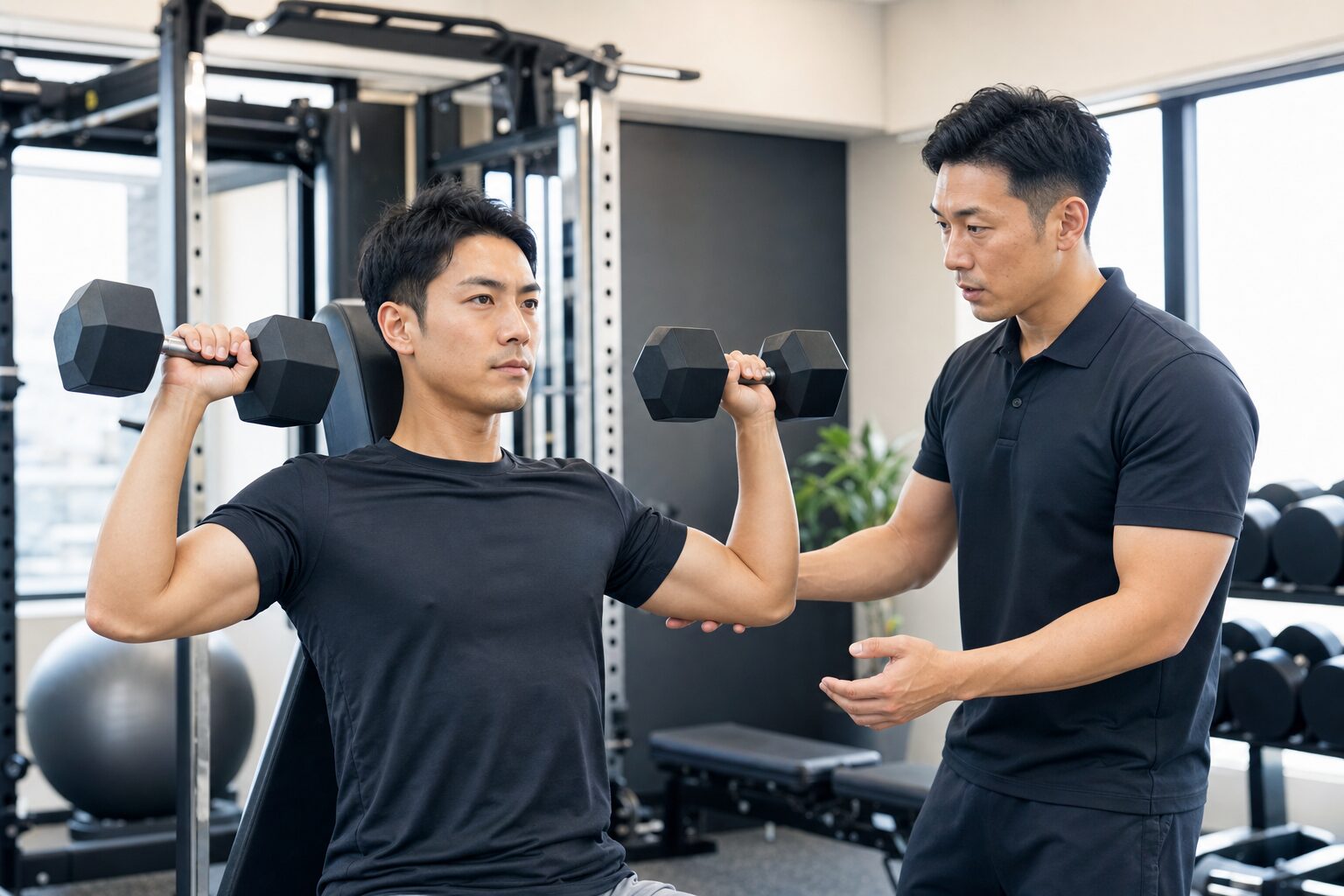 パーソナルジムでトレーナーの指導を受ける男性