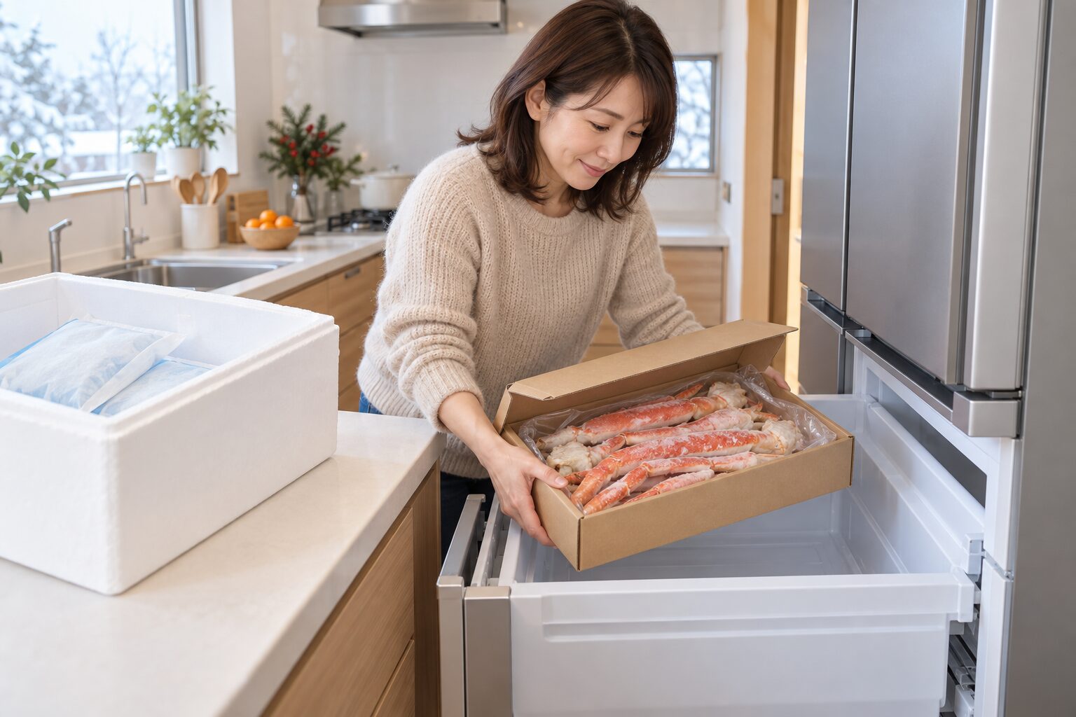 年末に届いた冷凍カニの箱を冷凍庫にしまう