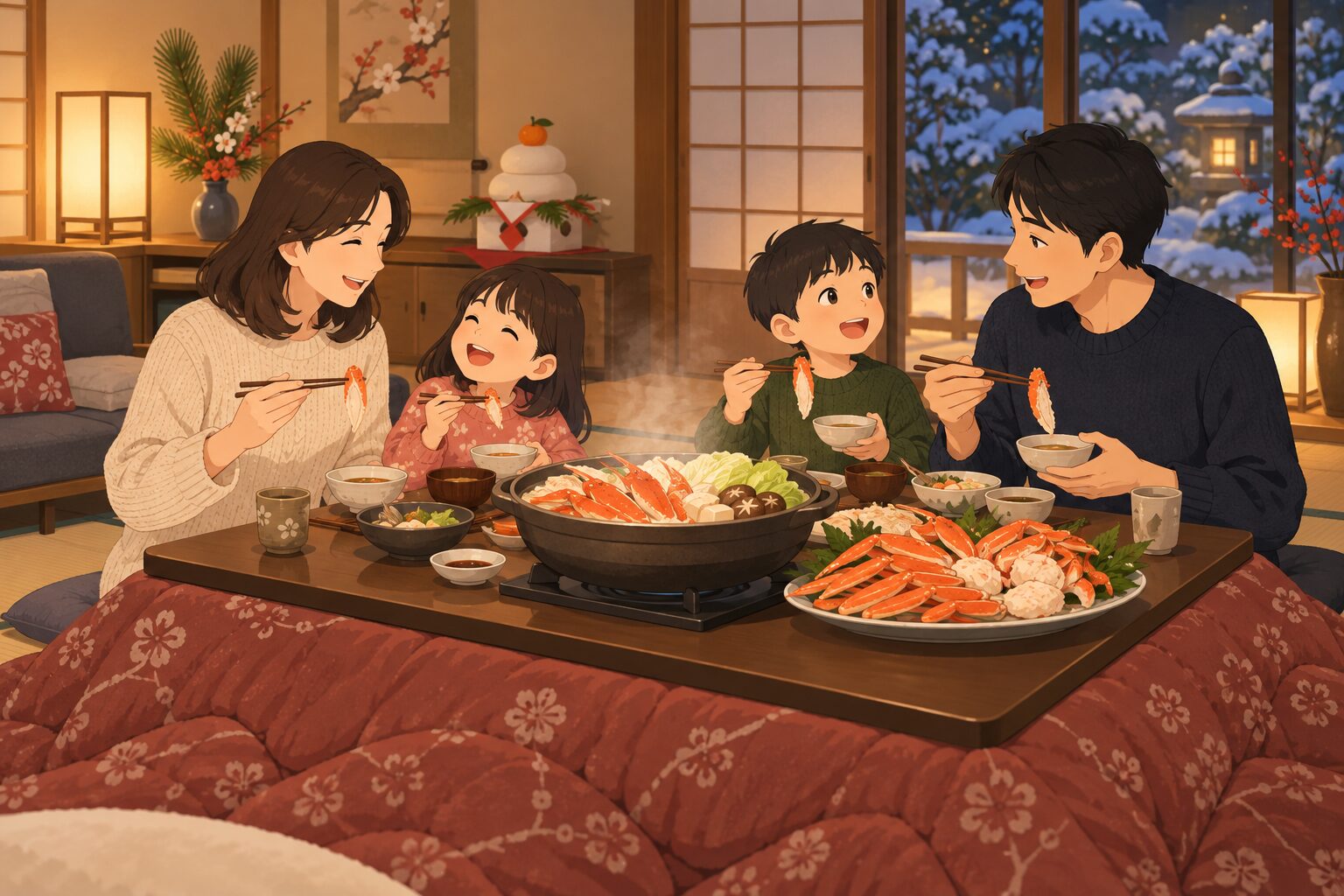 年末に家族でカニ鍋を囲む食卓
