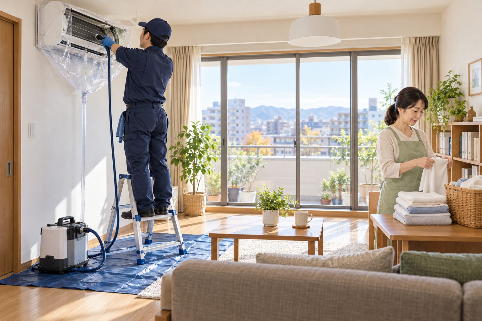 業者がエアコンを分解洗浄し、別の部屋で家事代行スタッフが片付けをする
