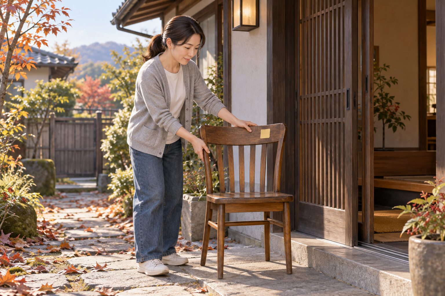 粗大ごみの処理券を貼った椅子を玄関先に出す