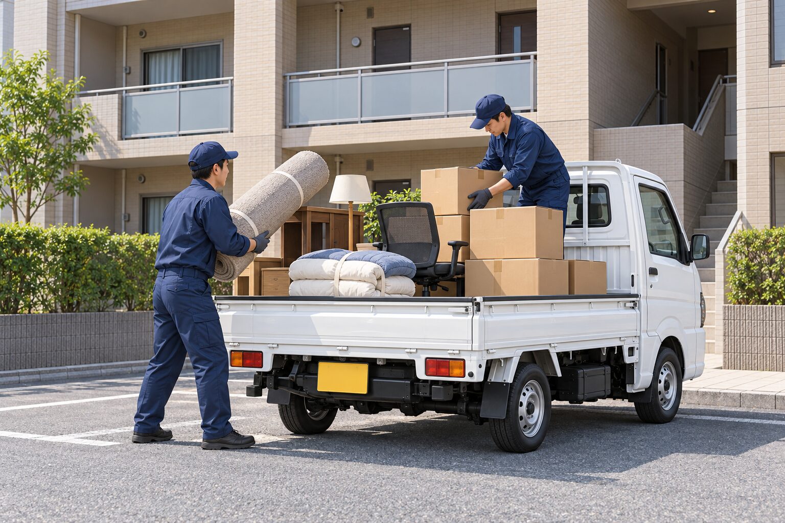 作業スタッフが家具や段ボールを軽トラックの荷台に積み込む
