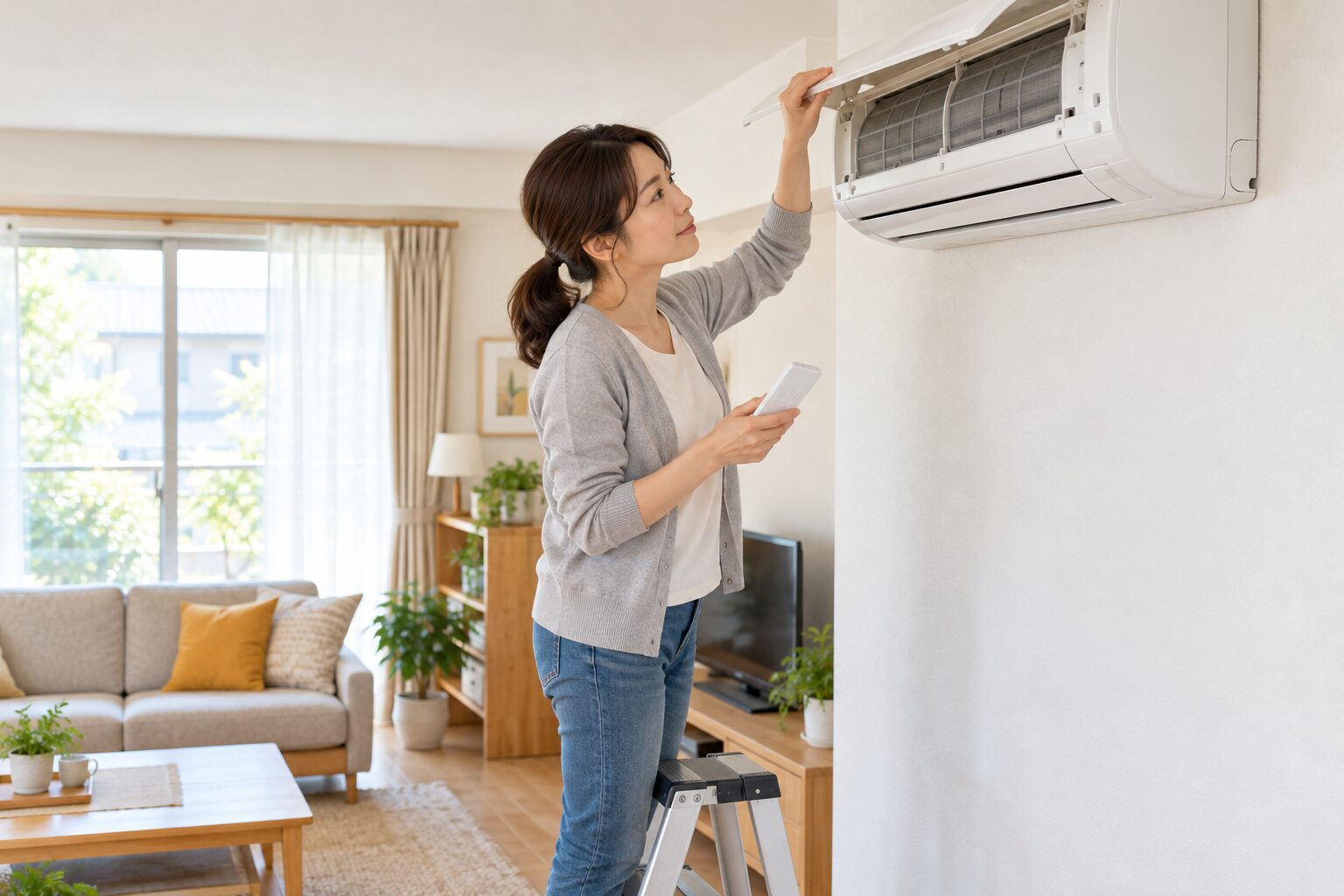 エアコンの前面パネルを開けて中を確認する