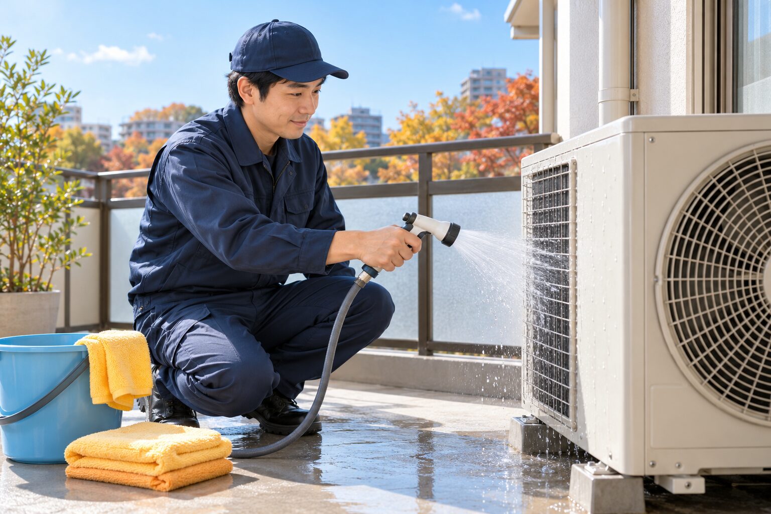 ベランダで室外機を洗浄する作業員