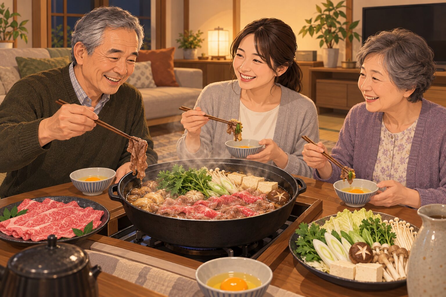 年末に家族で和牛のすき焼きを囲む