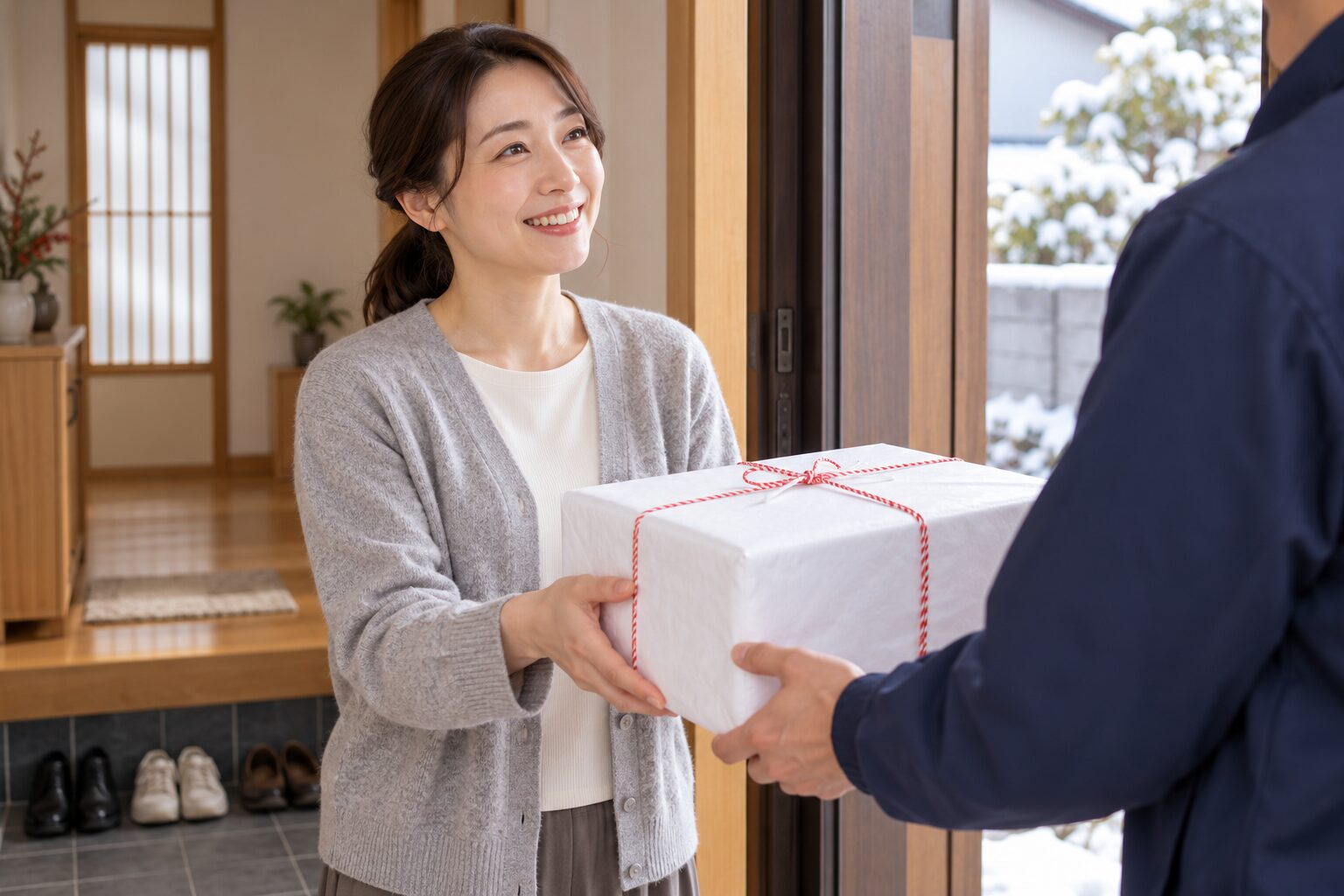 玄関でクール便のお歳暮を受け取る