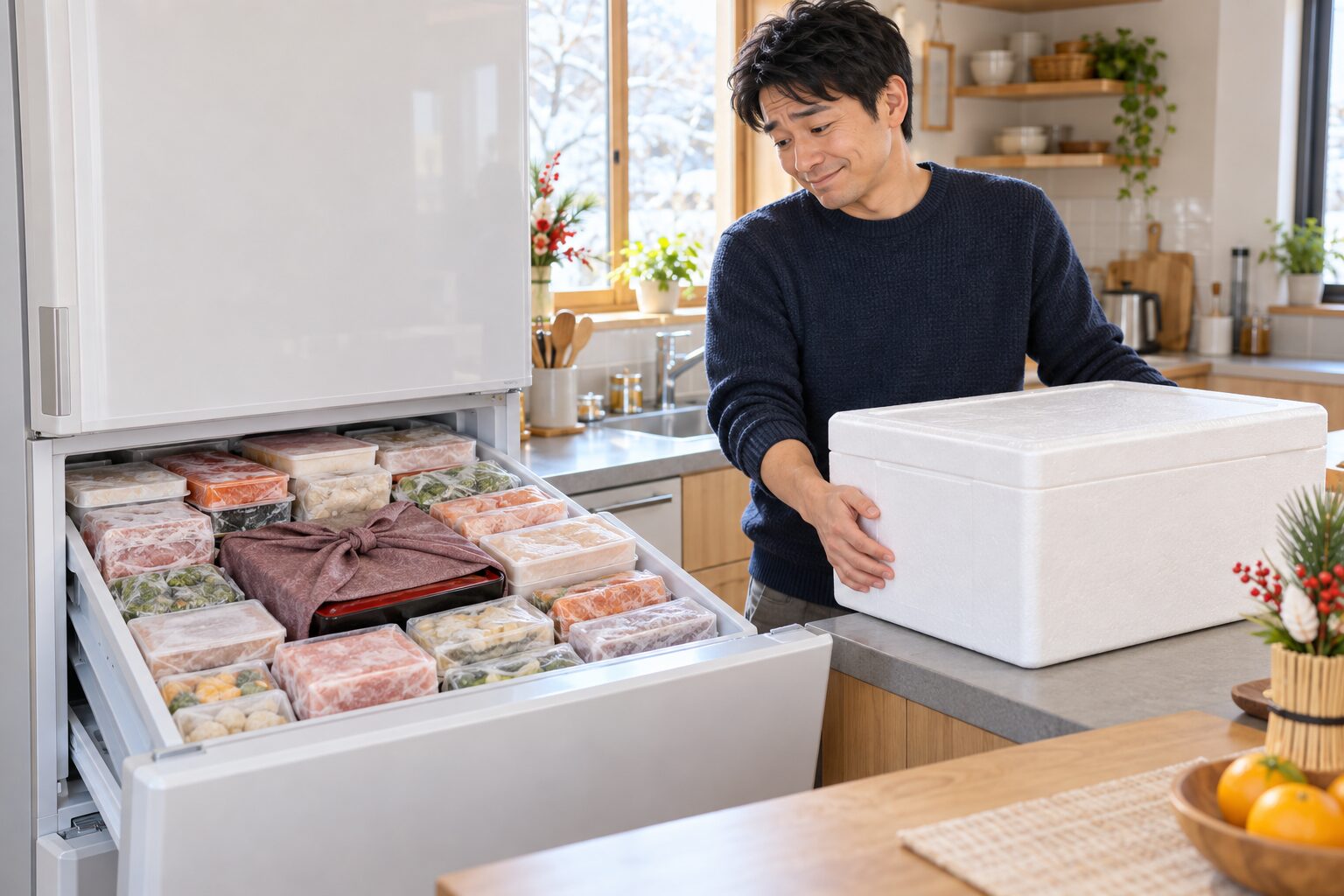 冷凍庫がいっぱいの年末に返礼品の箱が届く