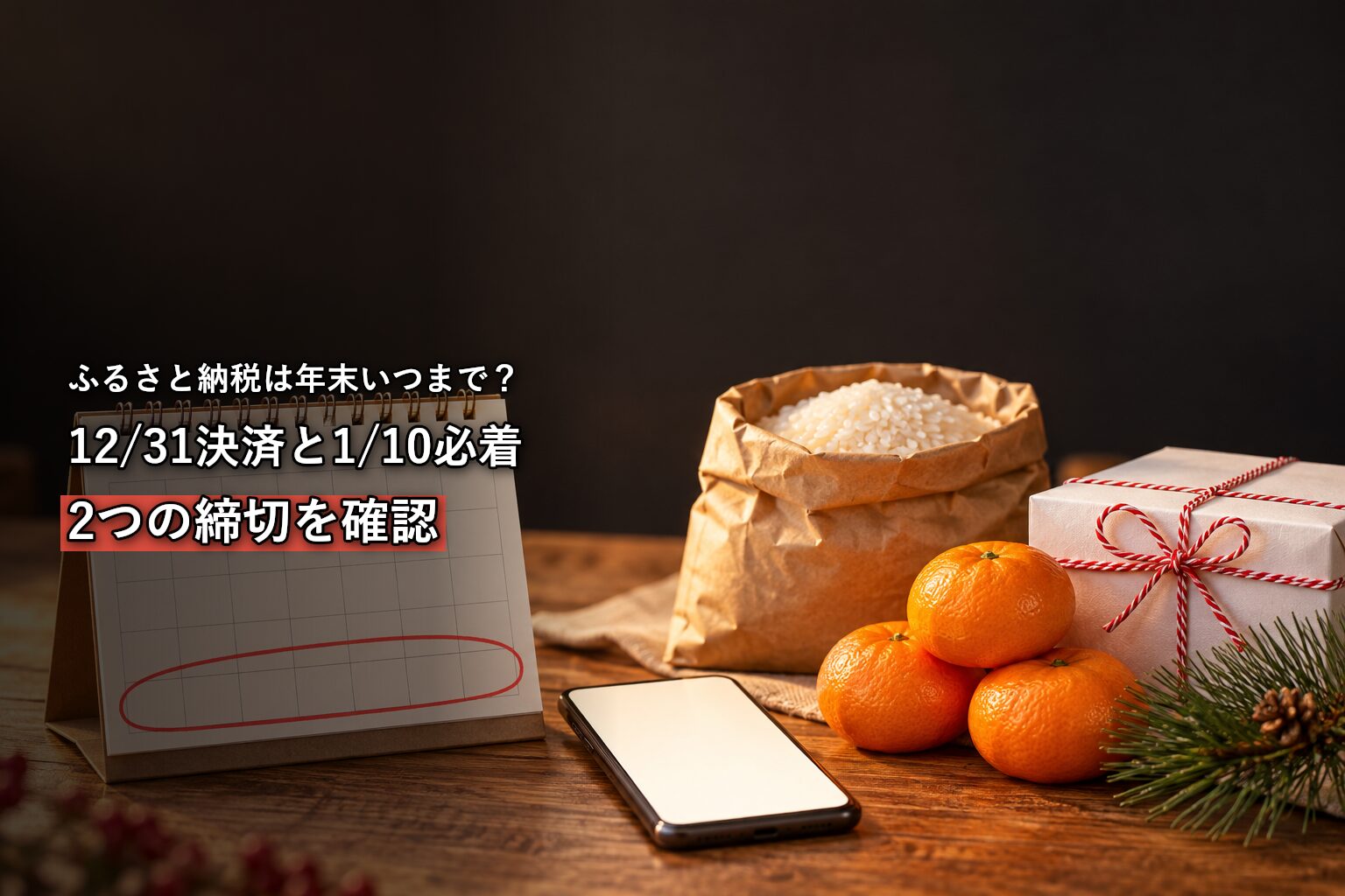 年末に返礼品を前にふるさと納税の締切を確認する