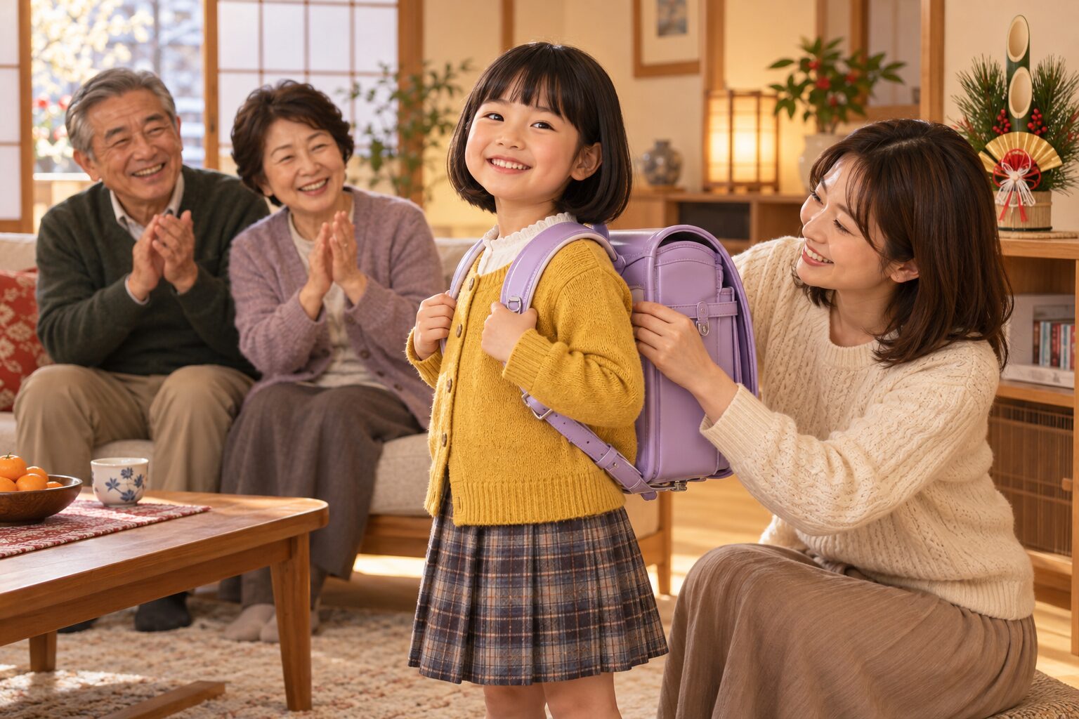 年末に祖父母と一緒にランドセルを選ぶ家族