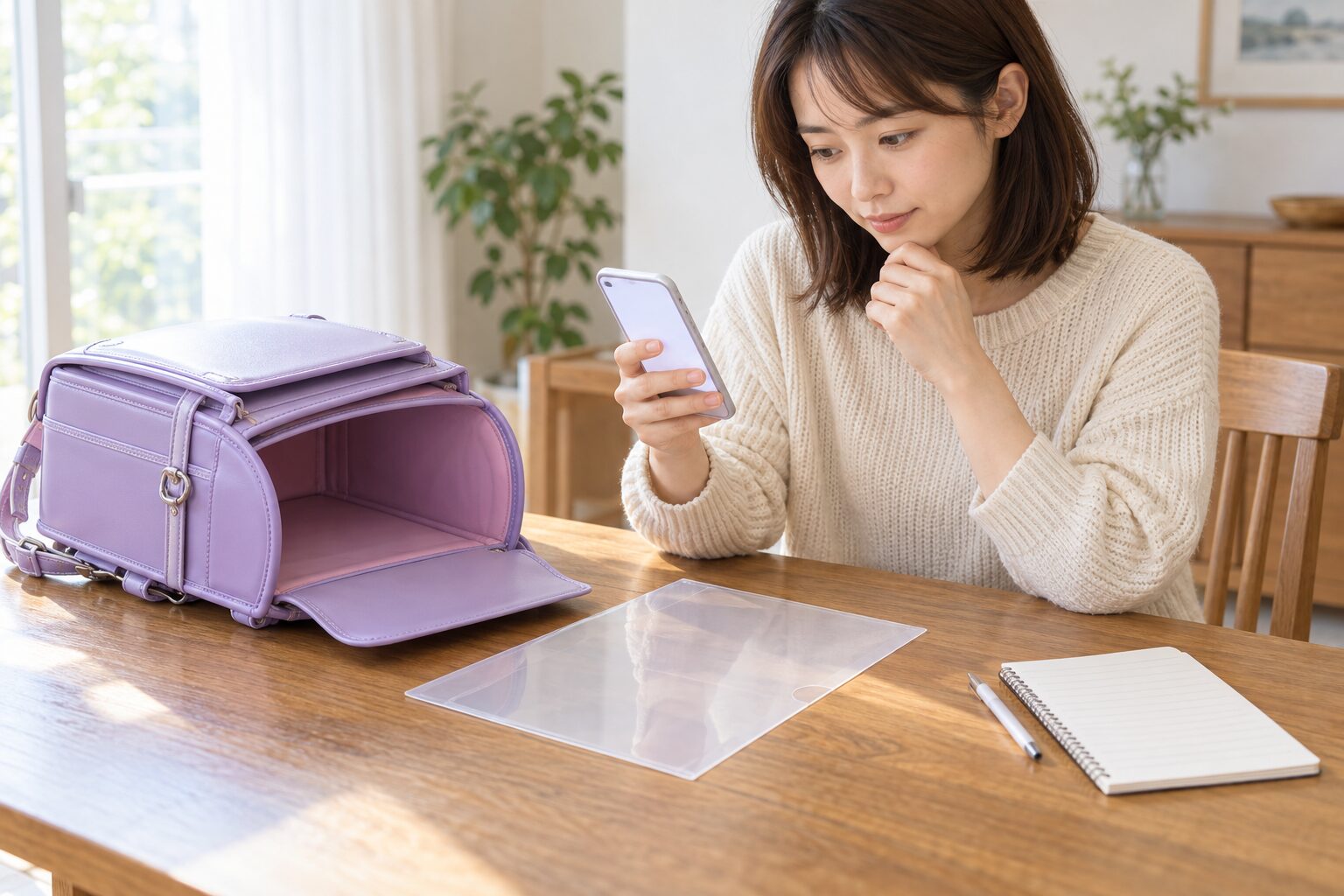 注文前にスマホとファイルでサイズや保証を確認する母親
