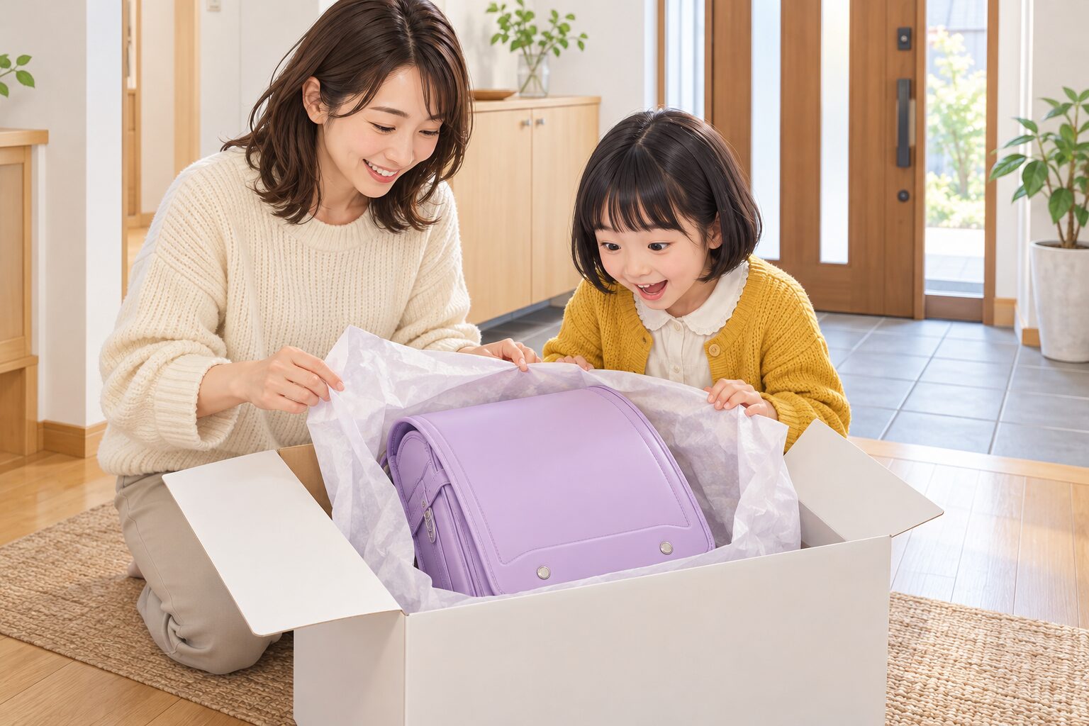 届いたランドセルの箱を開ける親子