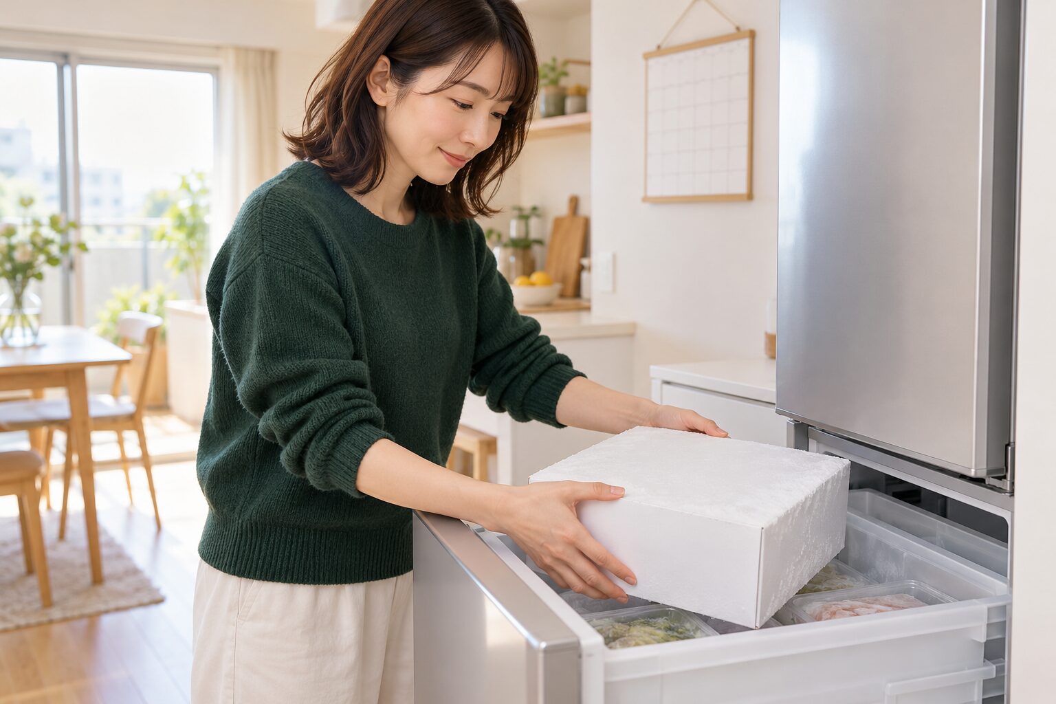週末に届いた冷凍ケーキの箱を冷凍庫にしまう女性