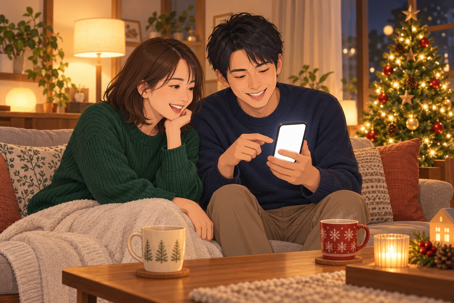 ソファでスマホを見ながらクリスマスケーキを選ぶ夫婦