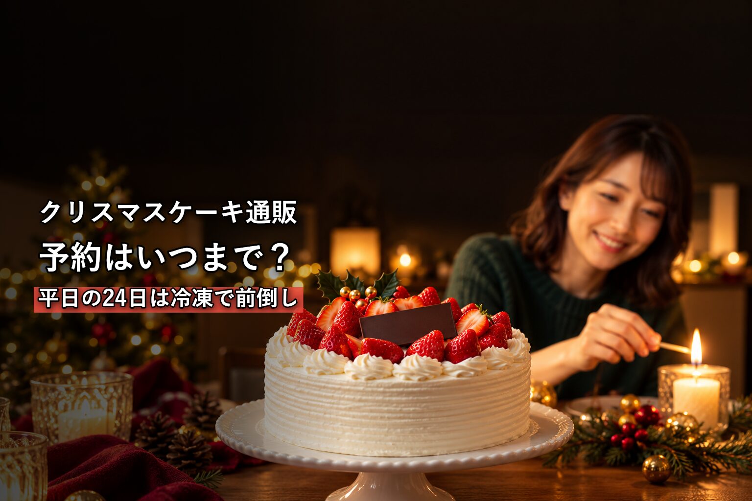 クリスマスの夜にいちごのショートケーキを囲む家族