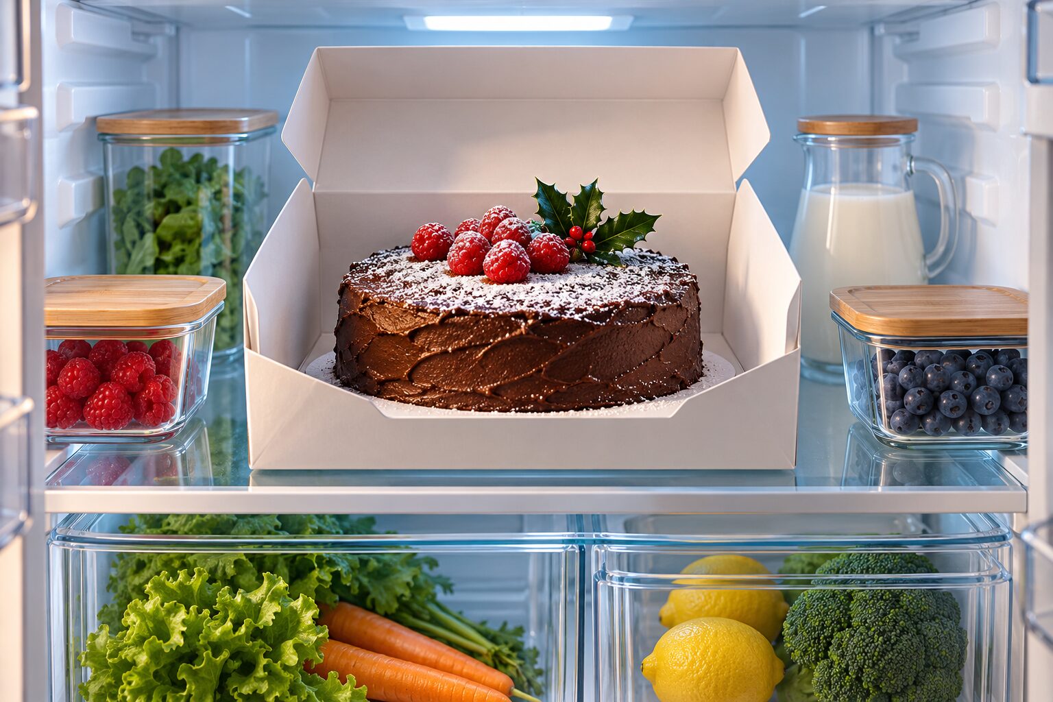 冷蔵庫の中でゆっくり解凍しているクリスマスケーキ