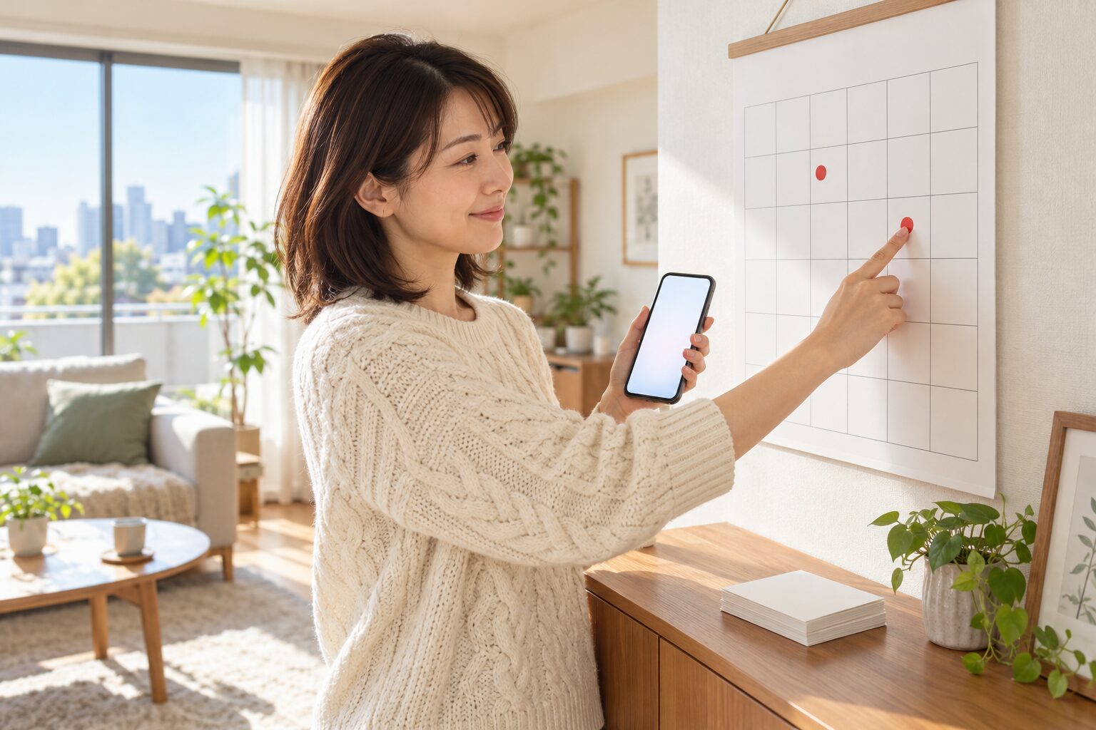 壁のカレンダーを見ながら年賀状の準備日を書き込む女性