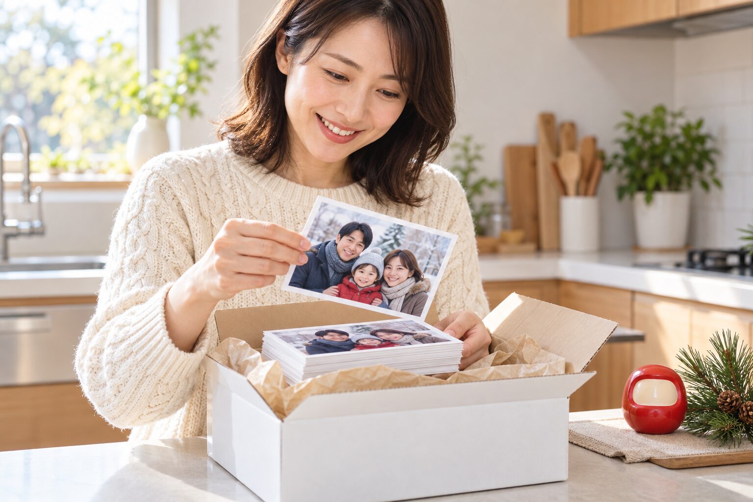 仕上がった写真入り年賀状を手に取って確かめる女性
