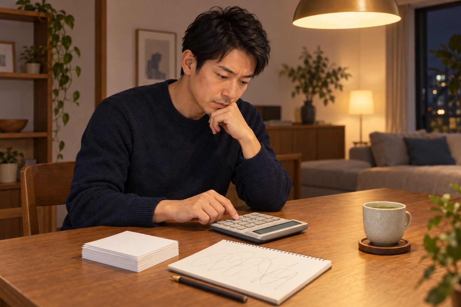 電卓とはがきを前に年賀状印刷の総額を計算する男性