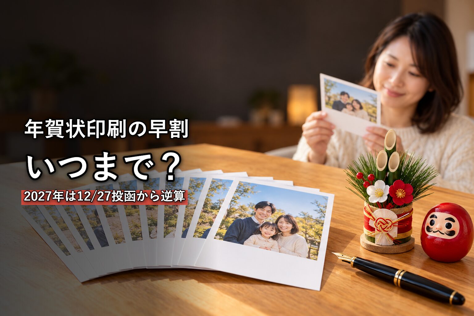 写真入りの年賀状を並べて準備をする女性