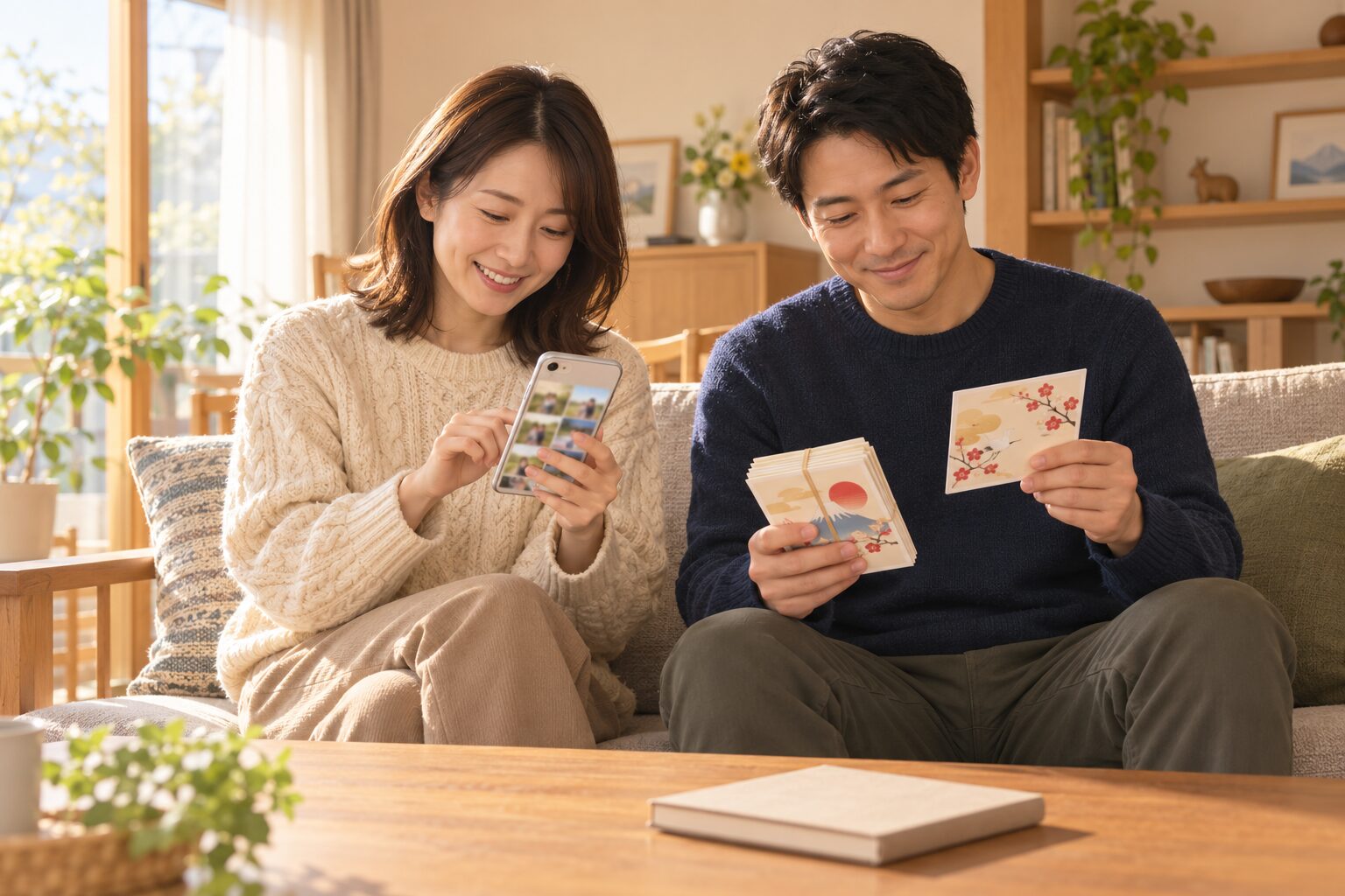スマホで家族写真を選びながら住所録を確認する夫婦
