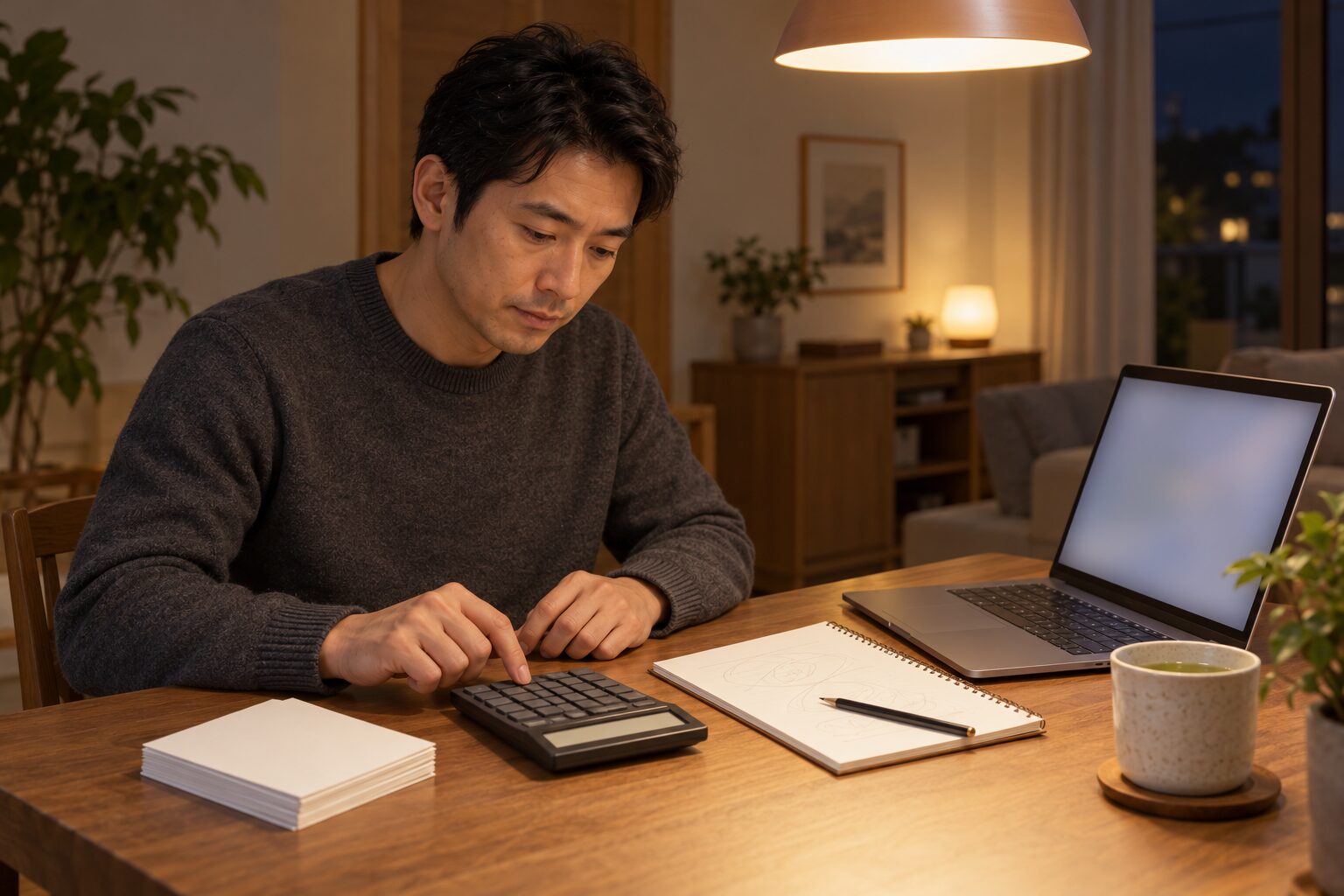 電卓とはがきを前に喪中はがきの総額を計算する男性