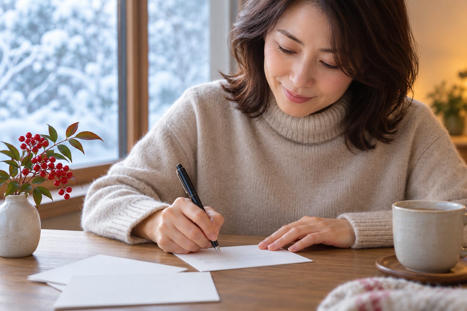 冬の窓辺で寒中見舞いのはがきに宛名を書く女性