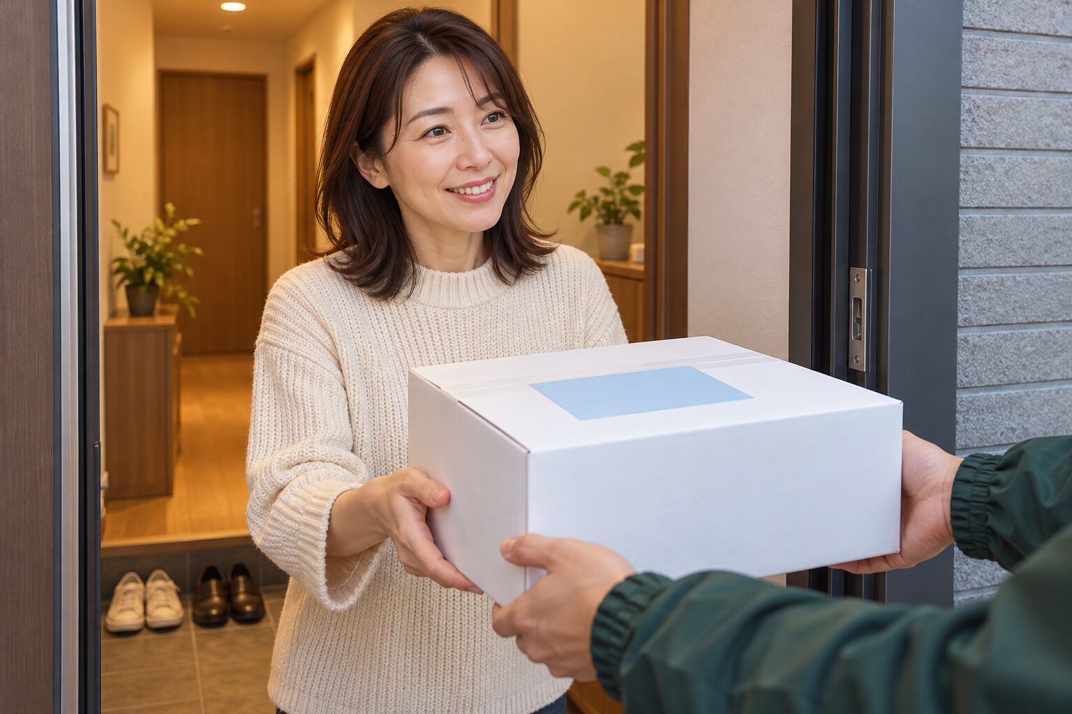 玄関で冷凍便の箱を受け取る女性