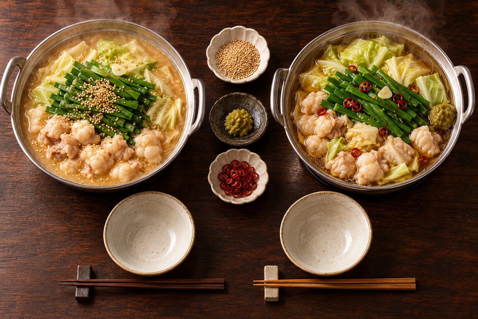 みそ味としょうゆ味のもつ鍋を2つ並べて食べ比べる食卓