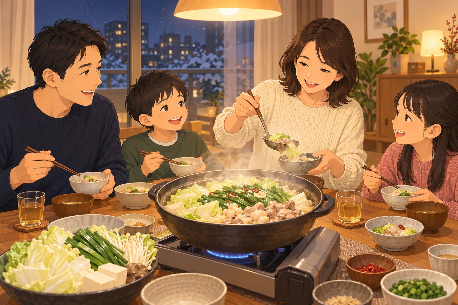 家族4人でもつ鍋を囲む冬の夕食