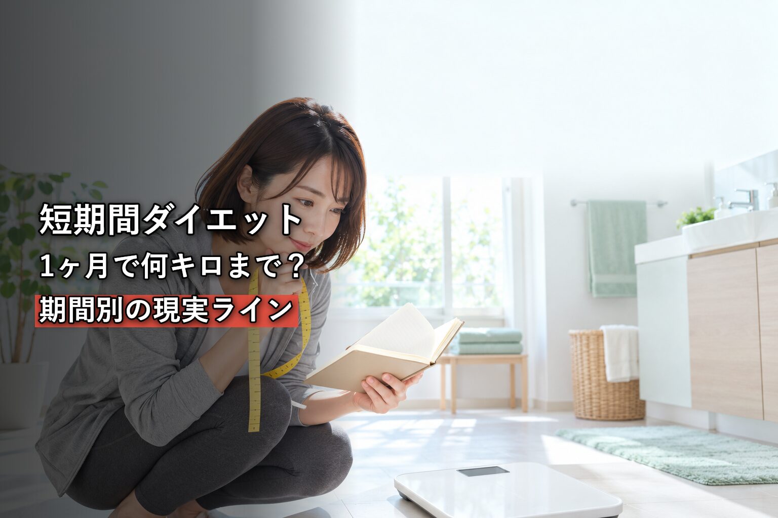 体重計の前でメジャーと手帳を持ち計画を立てる女性