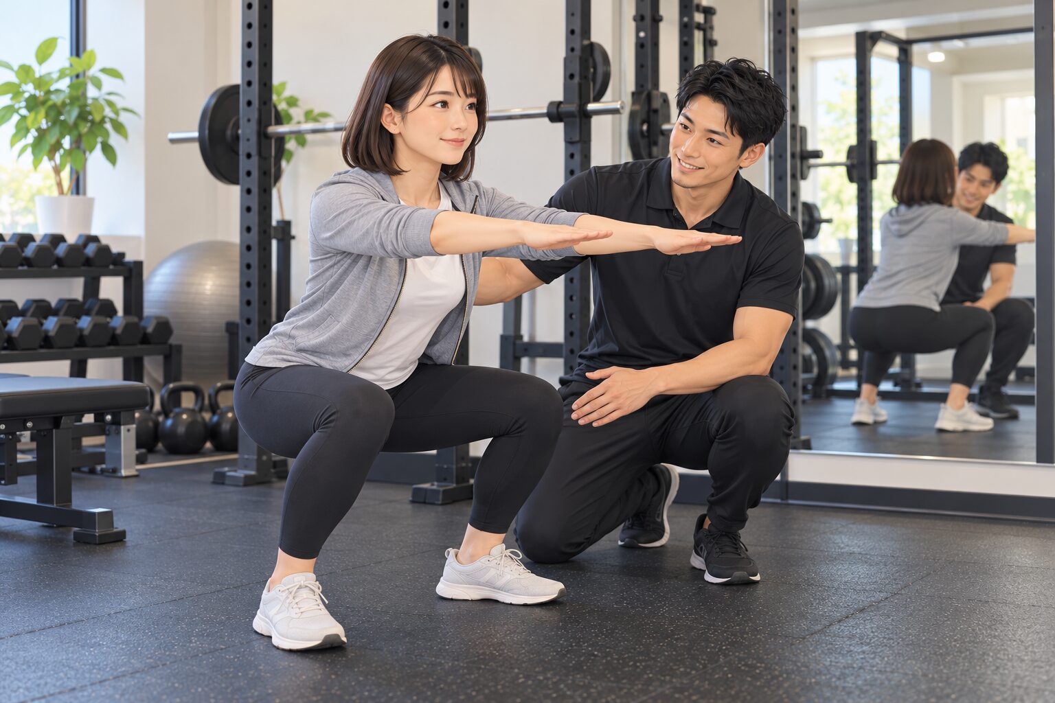 パーソナルトレーナーにフォームを見てもらいながらスクワットする女性