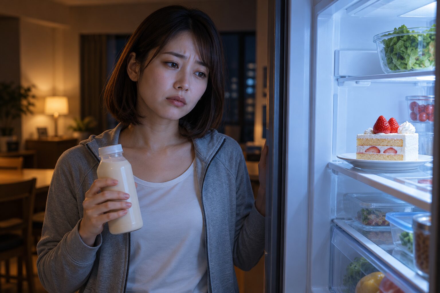 空腹で冷蔵庫の前に立ち尽くす女性