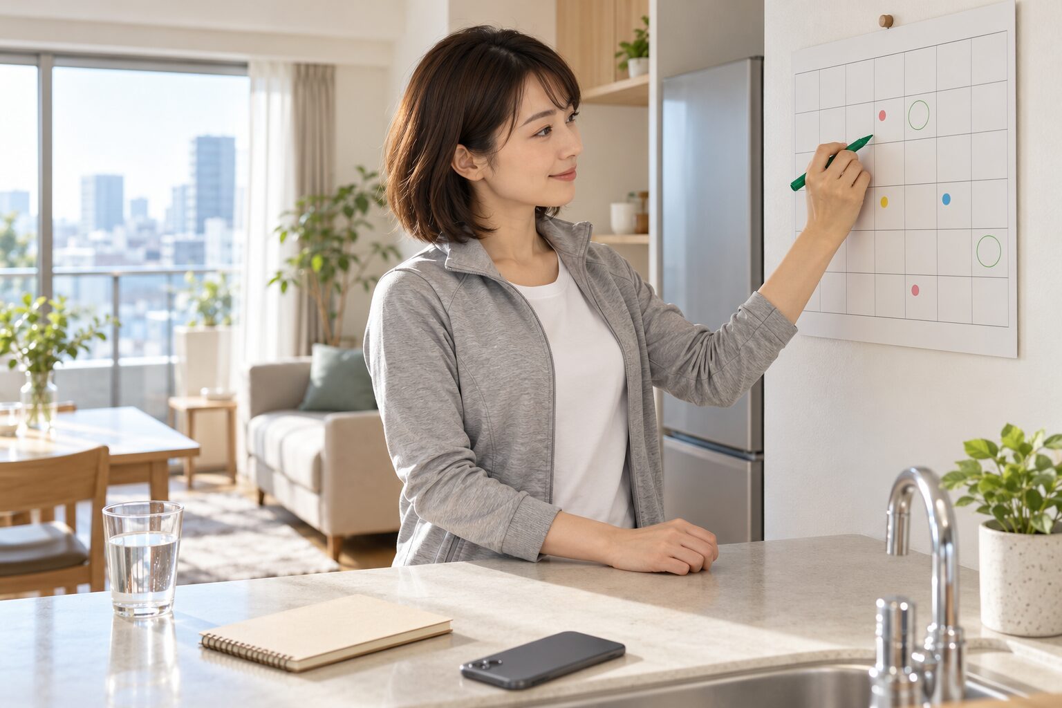 壁掛けカレンダーに印をつけて減量期間を計画する様子