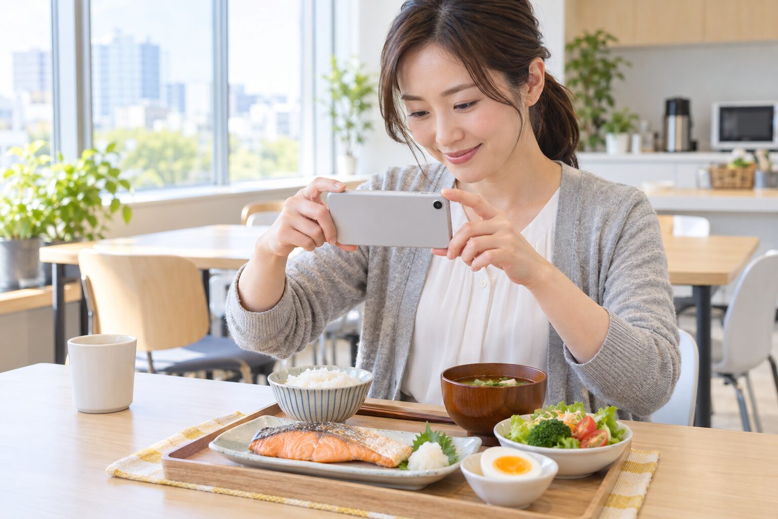 昼食を撮影してトレーナーに送る女性