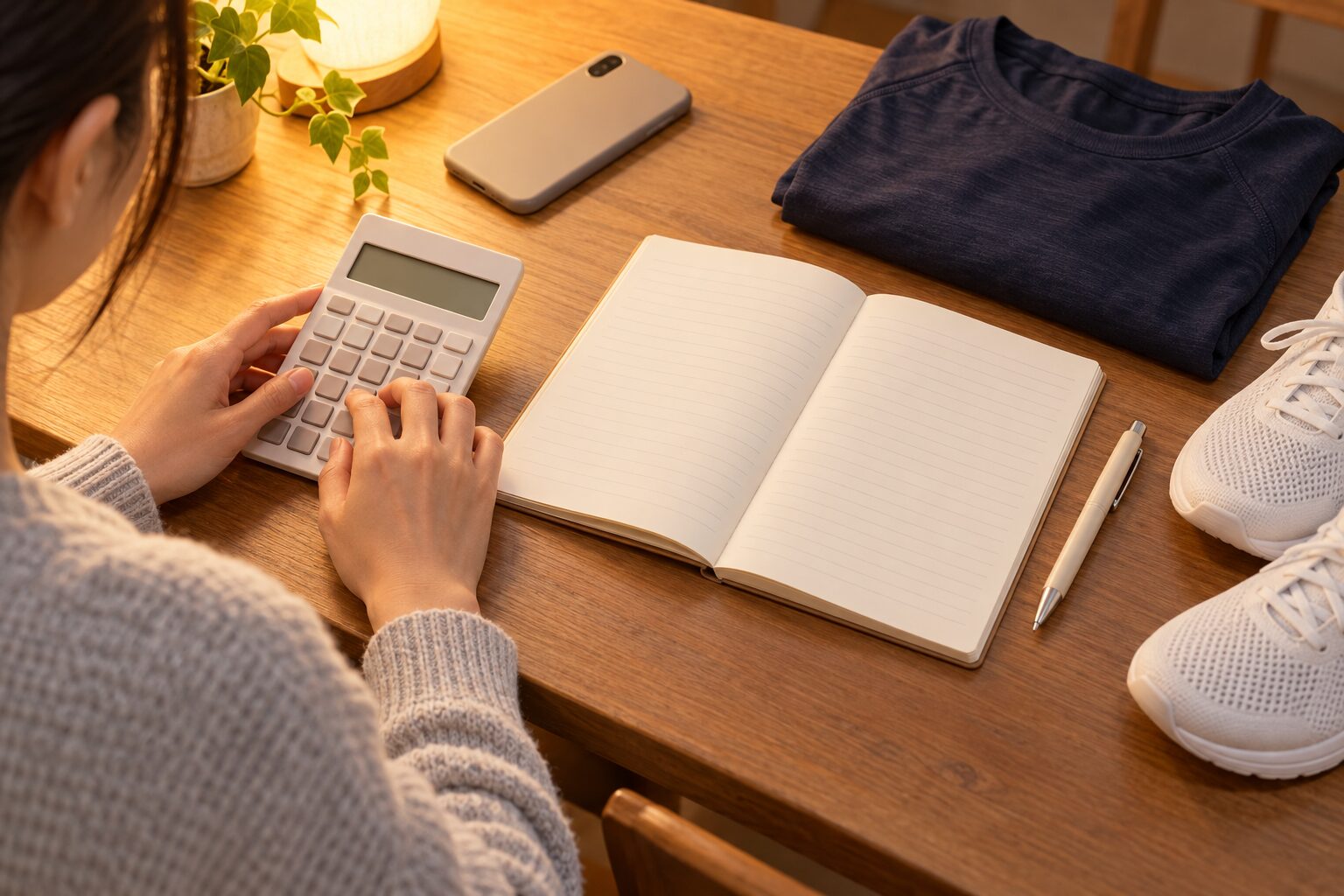 電卓とノートでジムの料金を計算する手元
