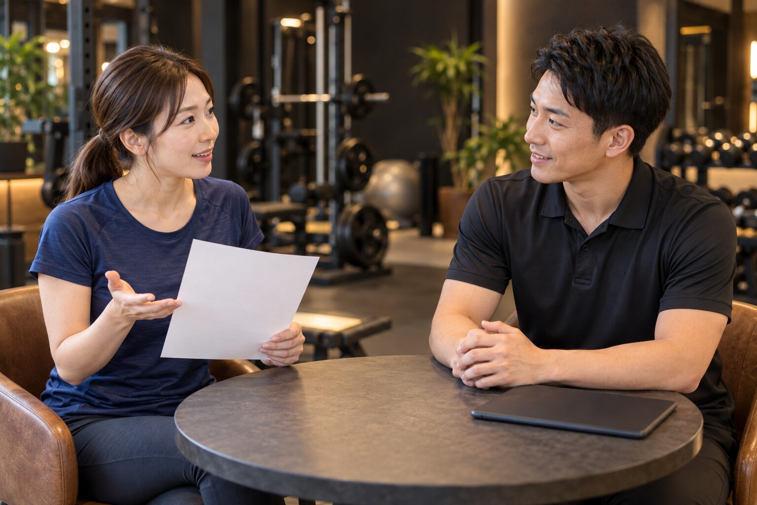 体験前のカウンセリングでトレーナーに質問する女性