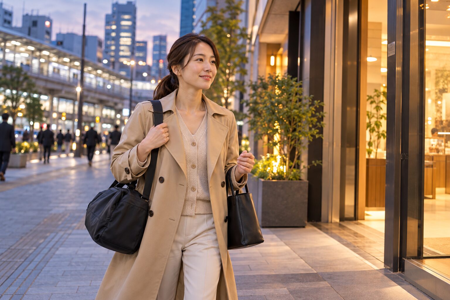 仕事帰りにピラティススタジオへ向かう女性