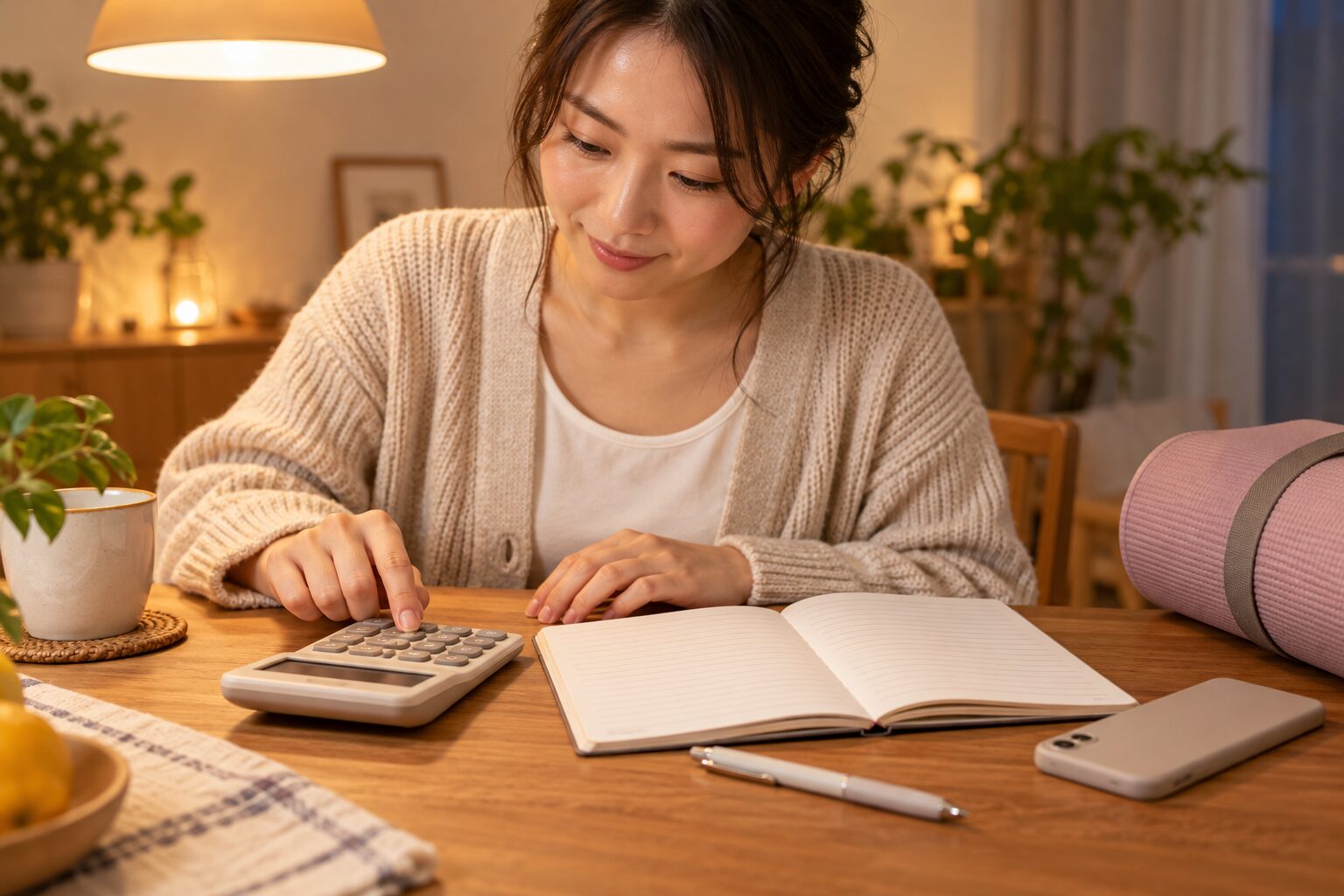 電卓とノートでピラティスの総額を計算する手元