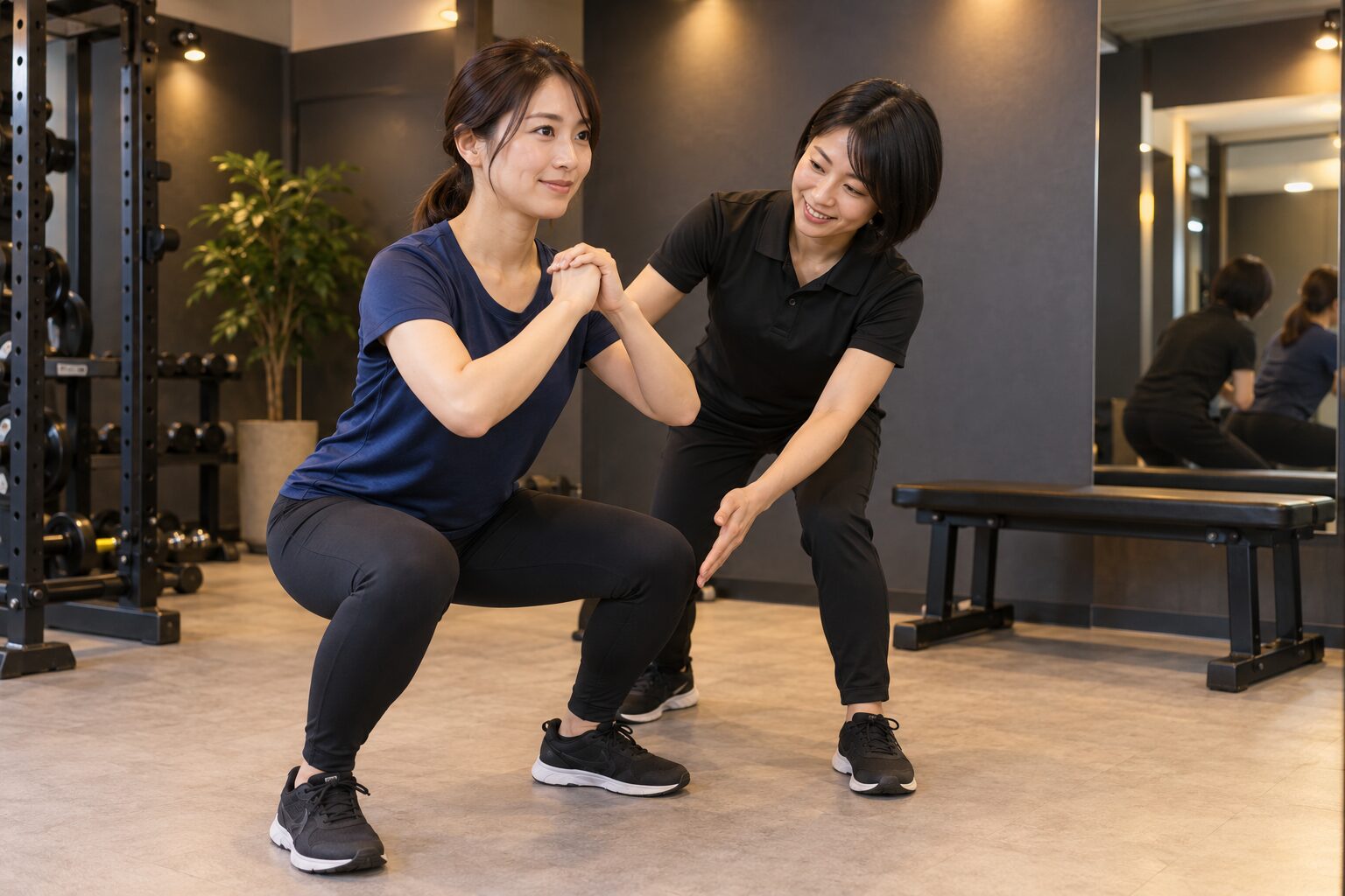 トレーナーの指導でスクワットをする女性