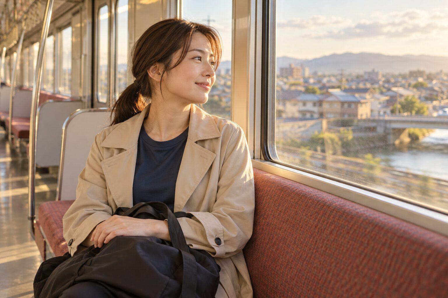 電車の中で座ってくつろぐ女性